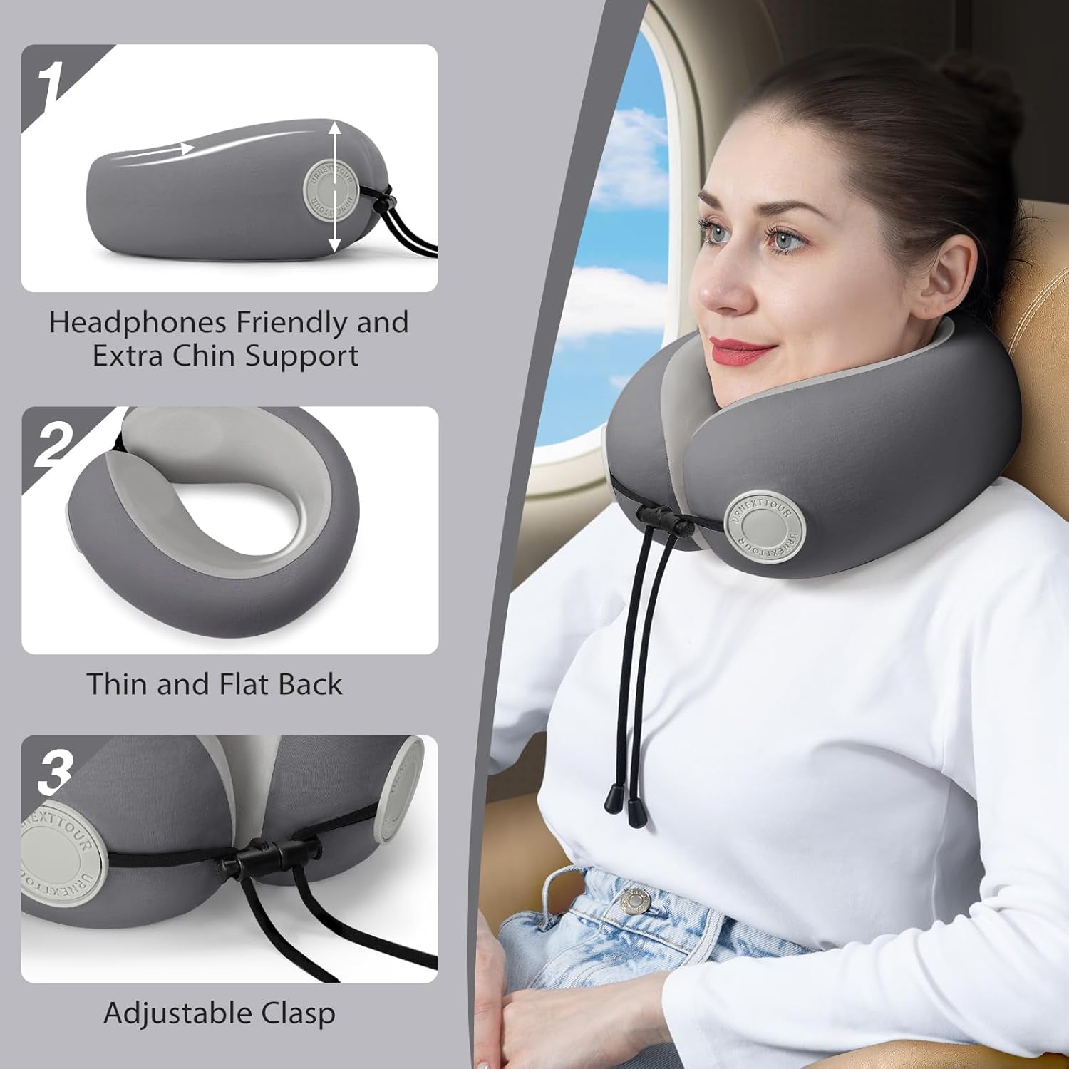 Travel Neck Pillows for Airplane Adults, Memory Foam Neck Support Travelling Pillow with Washable Cotton Pillowcases and Storage Bag, for Car, Train, Flight, Office and Home Use Adults Grey