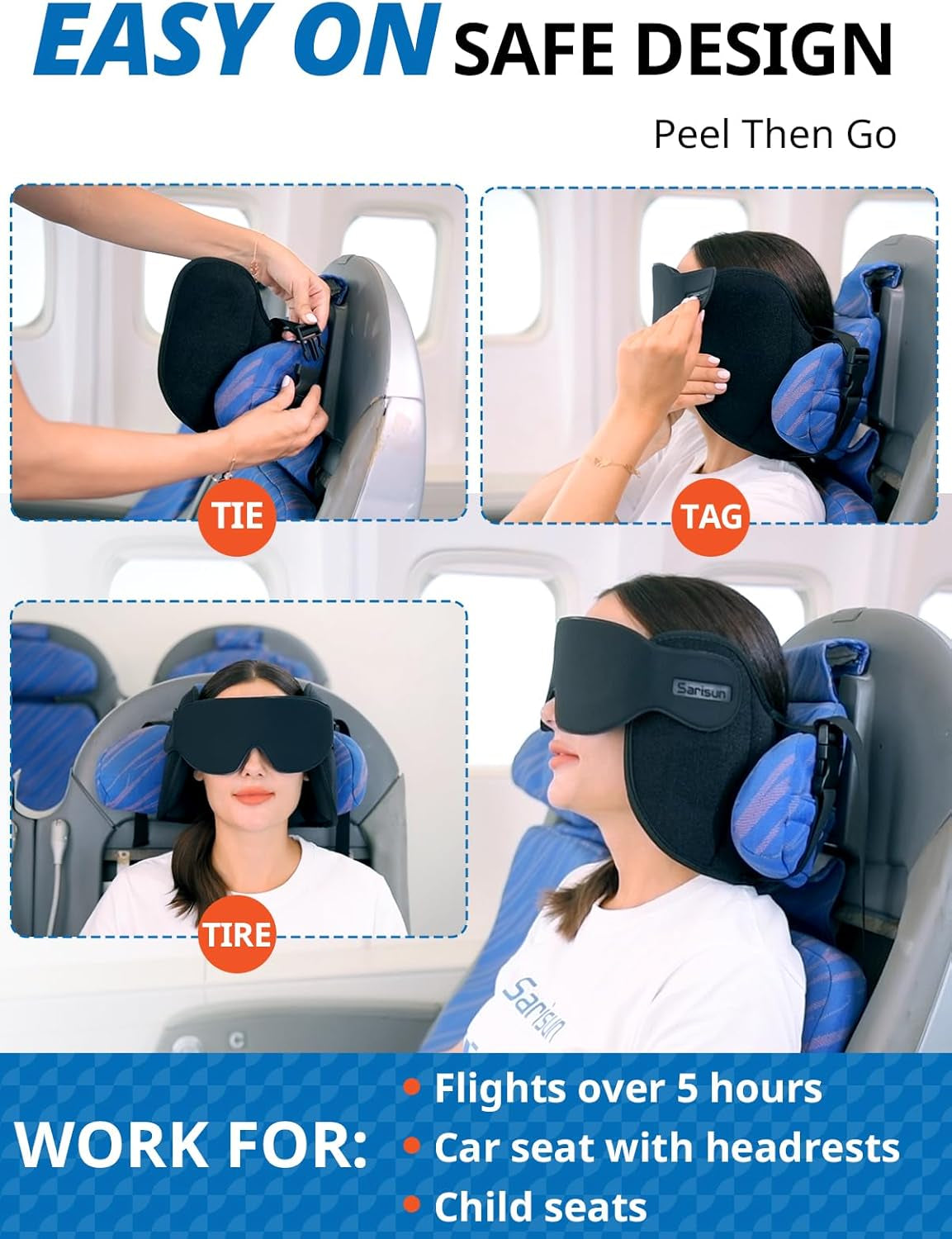 Upgraded Travel Pillow, U-Shaped Airplane Head Strap for All Heights, 360° Support, 3D Sleep Mask, 100% Light Blocking, Long Flights Essentials Headrest, Stop Bobblehead, Black