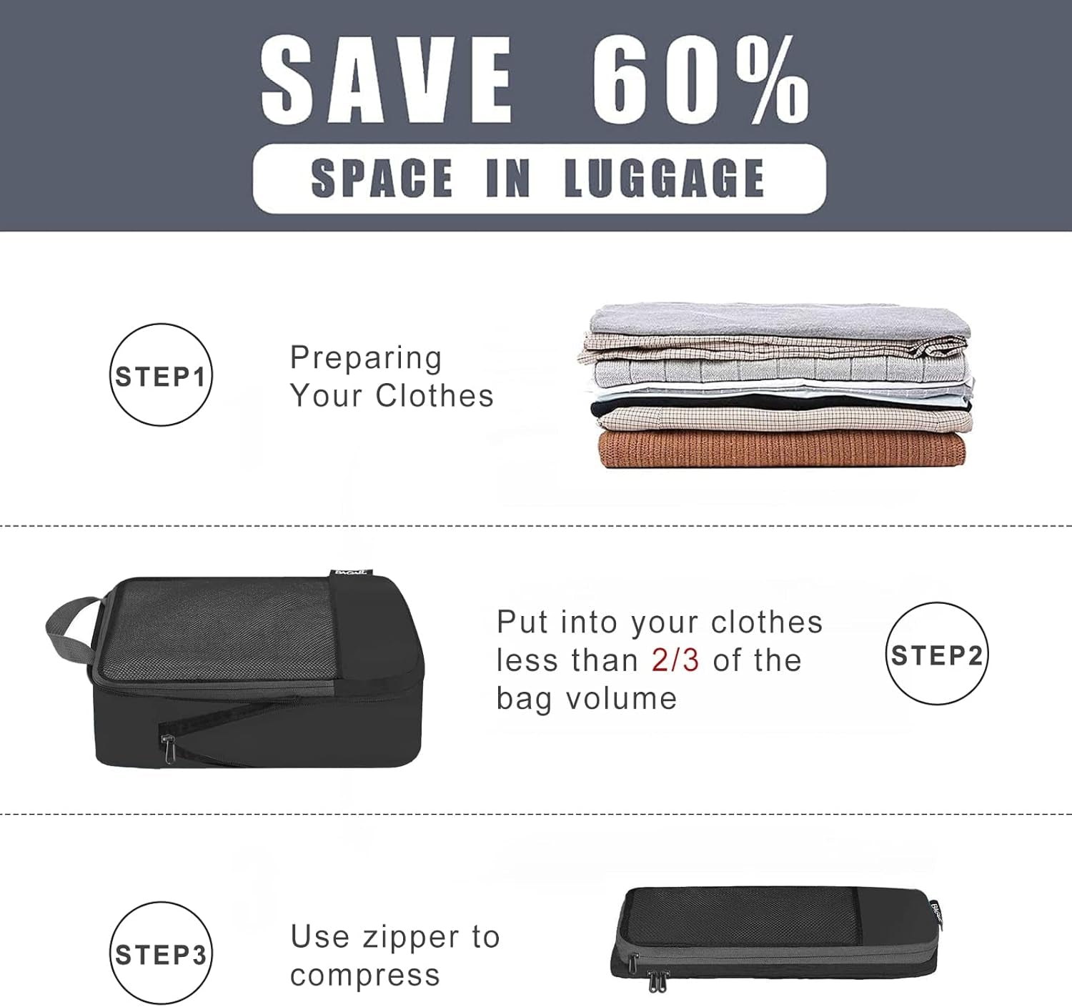 4 Set/6 Set/8 Set Compression Packing Cubes Travel Accessories Expandable Packing Organizers(Black Halfmesh 6 Set)