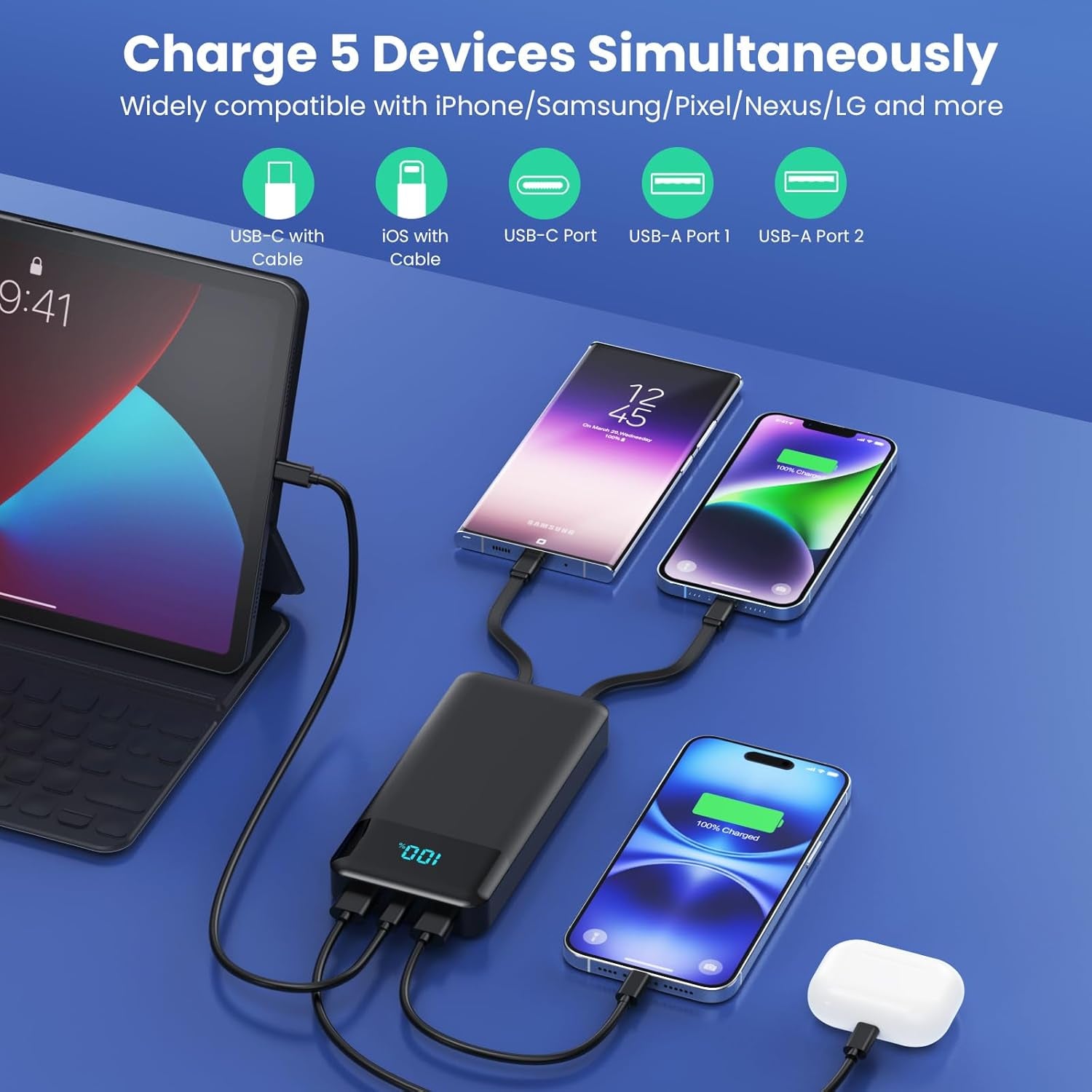 Portable Charger 40800Mah Power Bank with 3 Built-In Cable,25W PD USB C In&Out Power Bank Fast Phone Charging,Qc4.0 LED Display Portable Battery Pack Compatible with Iphone 16/15,Samsung Android-Black