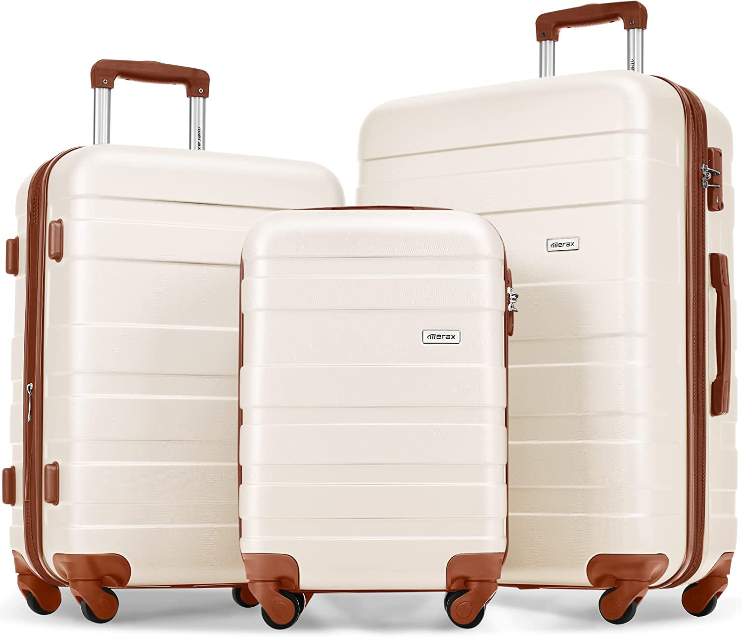 3 Pcs ABS Hardside Luggage Sets TSA Lock Spinner Wheel Suitcases, Pearly White, 20/24/28 Inch