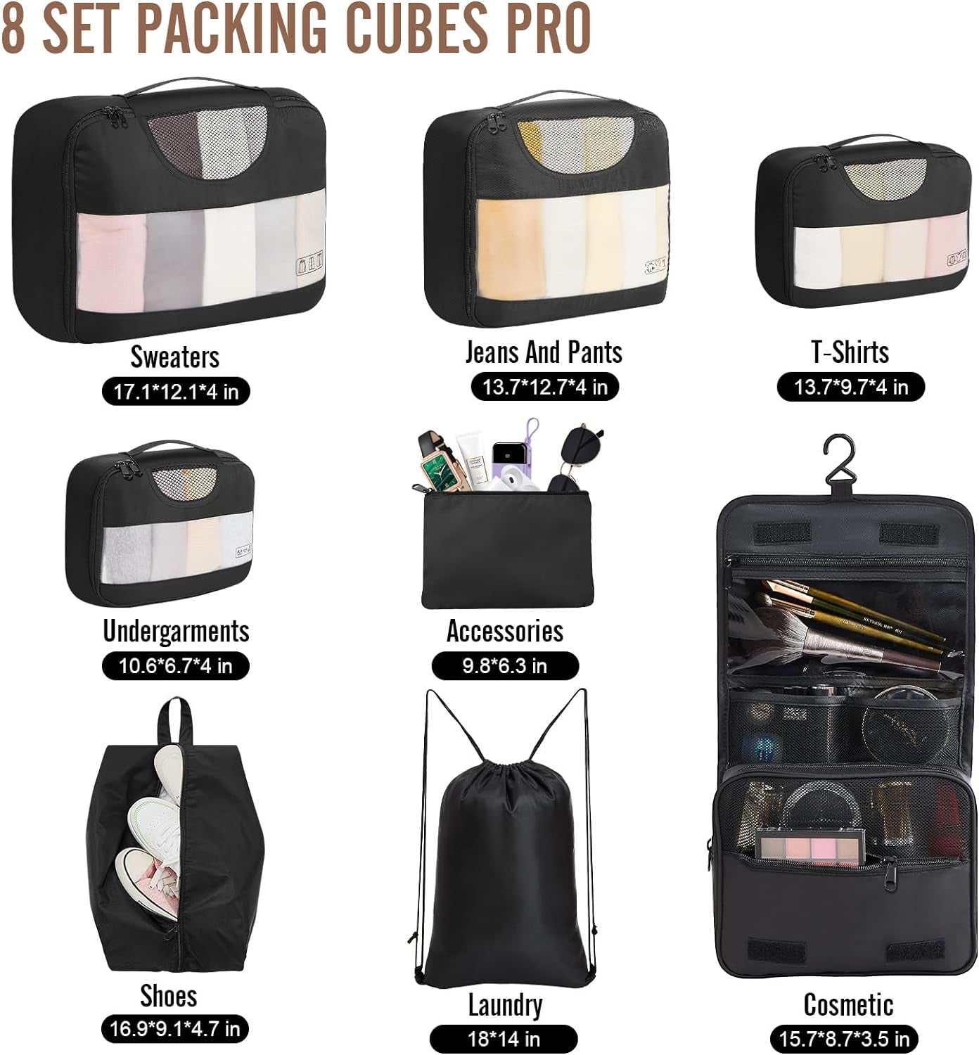 8 Set Packing Cubes for Travel Essentials, Suitcase Organizer Bags Set for Luggage, Road Trip Travel Accessories in 4 Sizes (Extra Large, Large, Medium, Small), Black