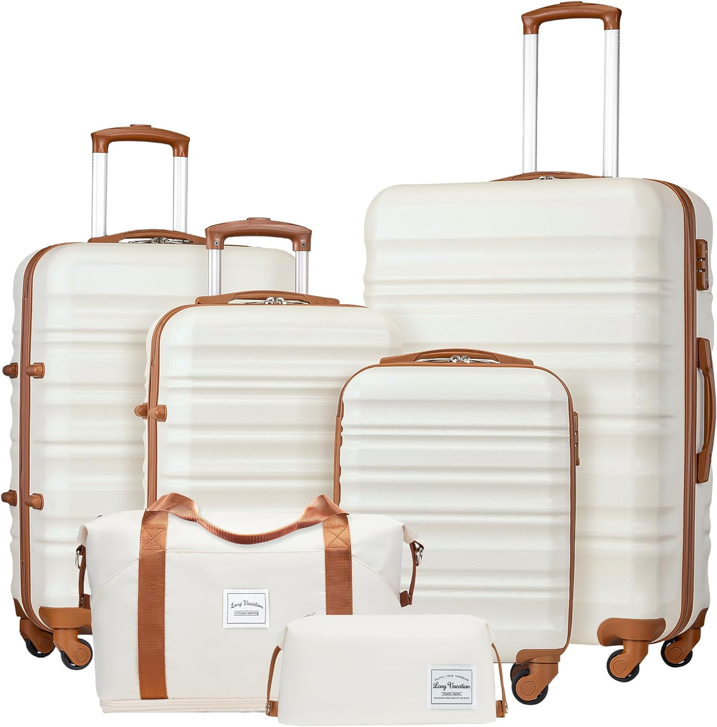 Luggage Set 4 Piece Luggage with ABS Hardshell TSA Lock Spinner Wheels Carry on Suitcase (WHITE-BROWN, 6 Piece Set)