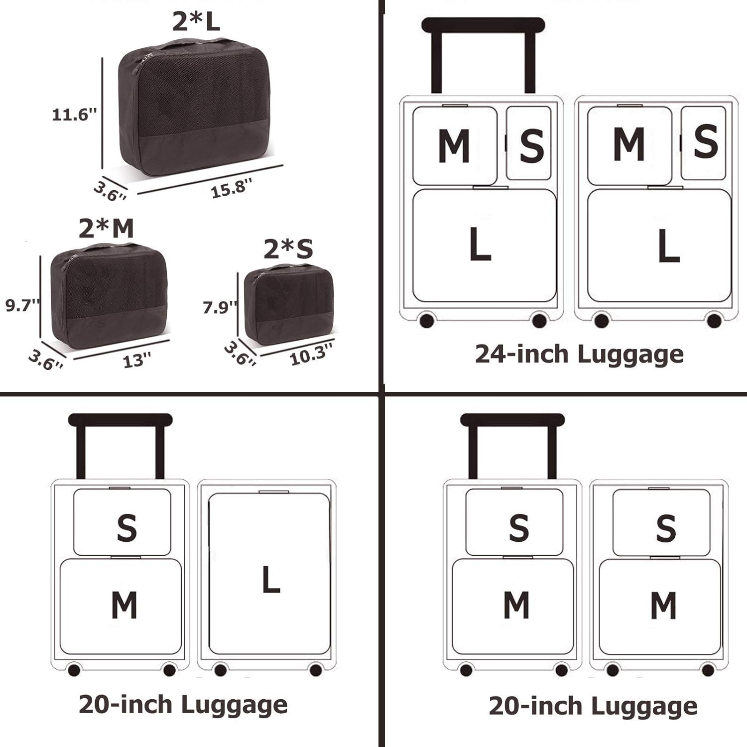Packing Cubes for Travel Accessories Luggage Organizer Bag Set Clothes Carry on Suitcase Bags (Black)
