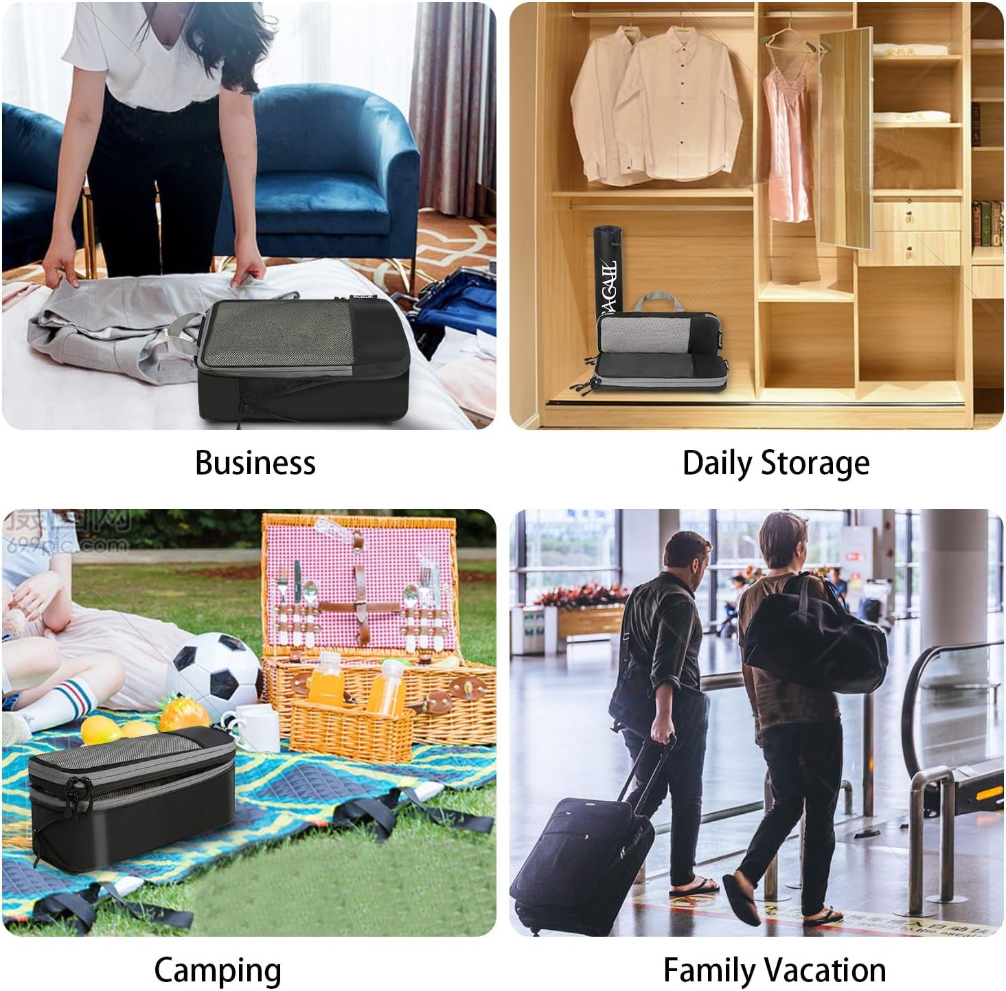 4 Set/6 Set/8 Set Compression Packing Cubes Travel Accessories Expandable Packing Organizers(Black Halfmesh 6 Set)