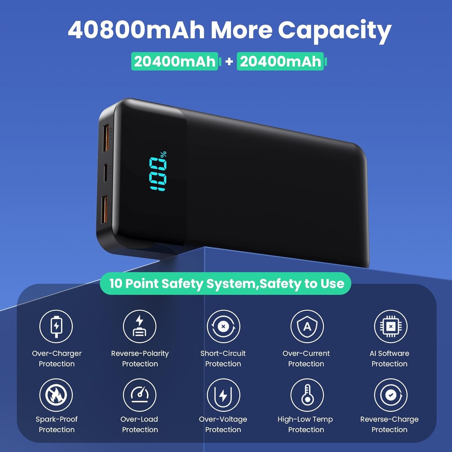 Portable Charger 40800Mah Power Bank with 3 Built-In Cable,25W PD USB C In&Out Power Bank Fast Phone Charging,Qc4.0 LED Display Portable Battery Pack Compatible with Iphone 16/15,Samsung Android-Black