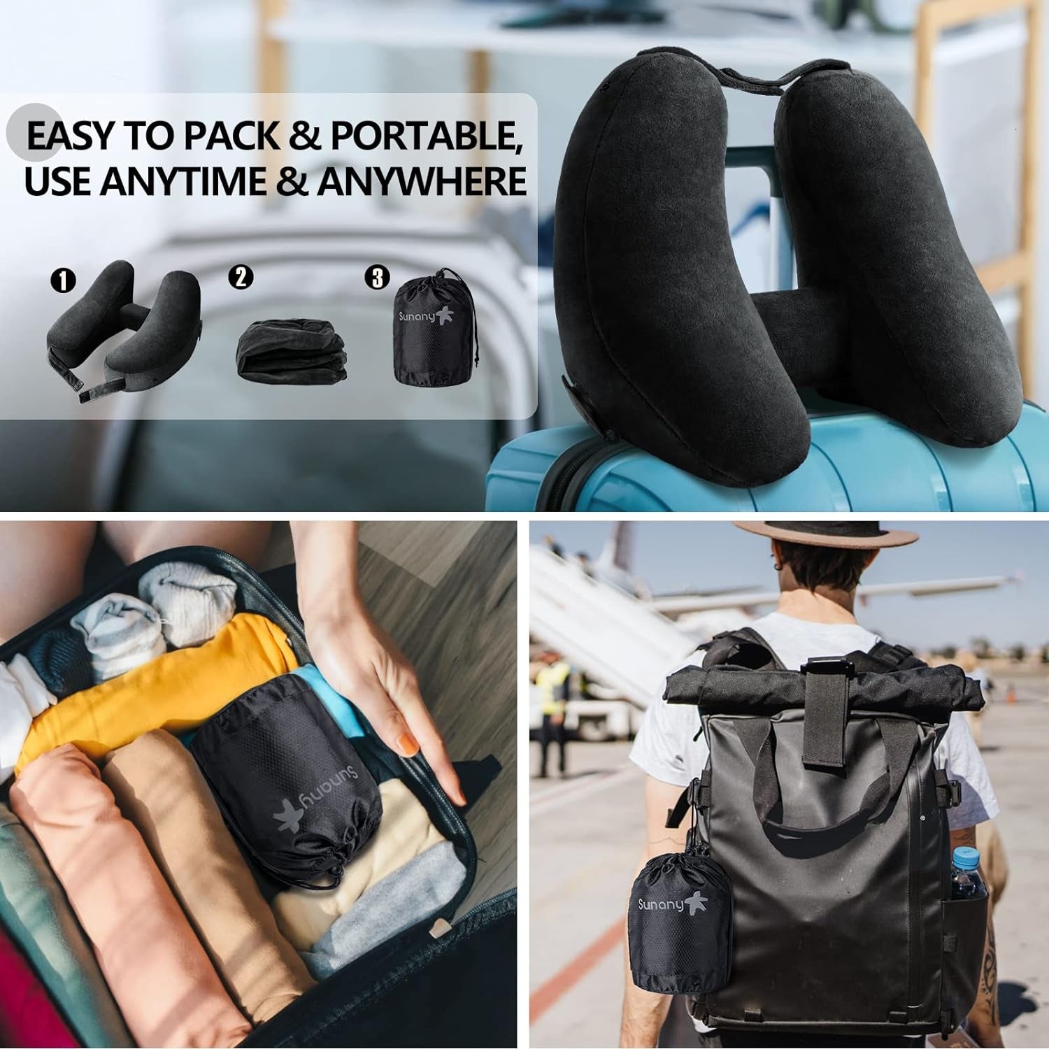 Neck Pillow for Travel Inflatable Airplane Pillow Comfortably Supports Head, Neck and Chin, Inflatable Travel Pillow with Soft Velour Cover and Portable Drawstring Bag (Black)