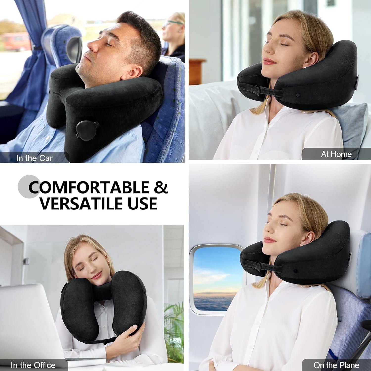 Neck Pillow for Travel Inflatable Airplane Pillow Comfortably Supports Head, Neck and Chin, Inflatable Travel Pillow with Soft Velour Cover and Portable Drawstring Bag (Black)