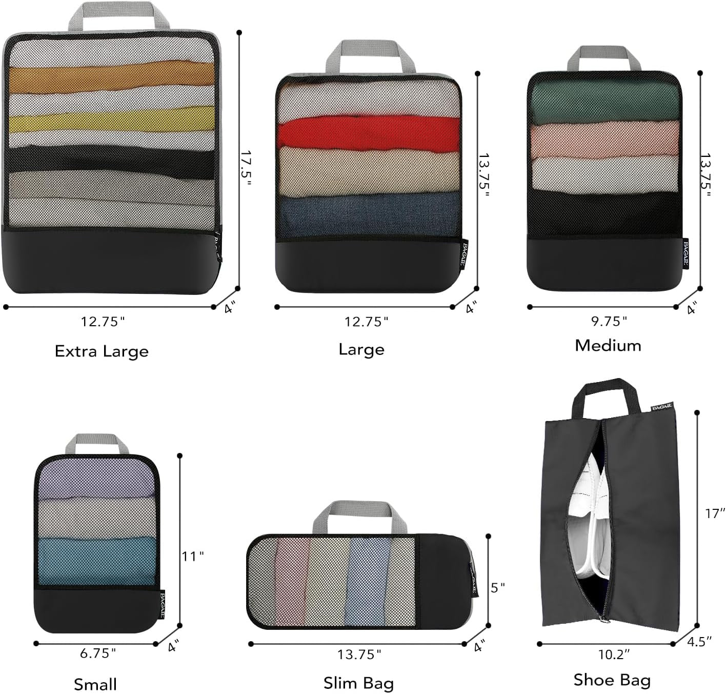 4 Set/6 Set/8 Set Compression Packing Cubes Travel Accessories Expandable Packing Organizers(Black Halfmesh 6 Set)