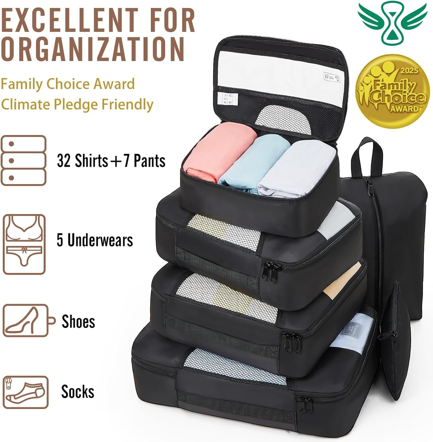 8 Set Packing Cubes for Travel Essentials, Suitcase Organizer Bags Set for Luggage, Road Trip Travel Accessories in 4 Sizes (Extra Large, Large, Medium, Small), Black