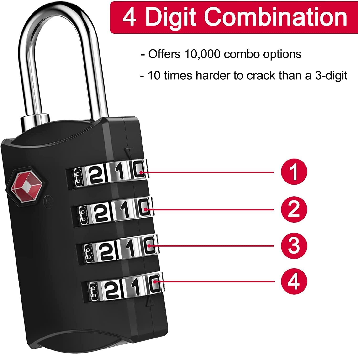 Luggage Lock, TSA Approved Travel Lock, 4 Digit Combination Padlock with Flexible Cable (80Cm) for Suitcases, Backpack, Suitcase