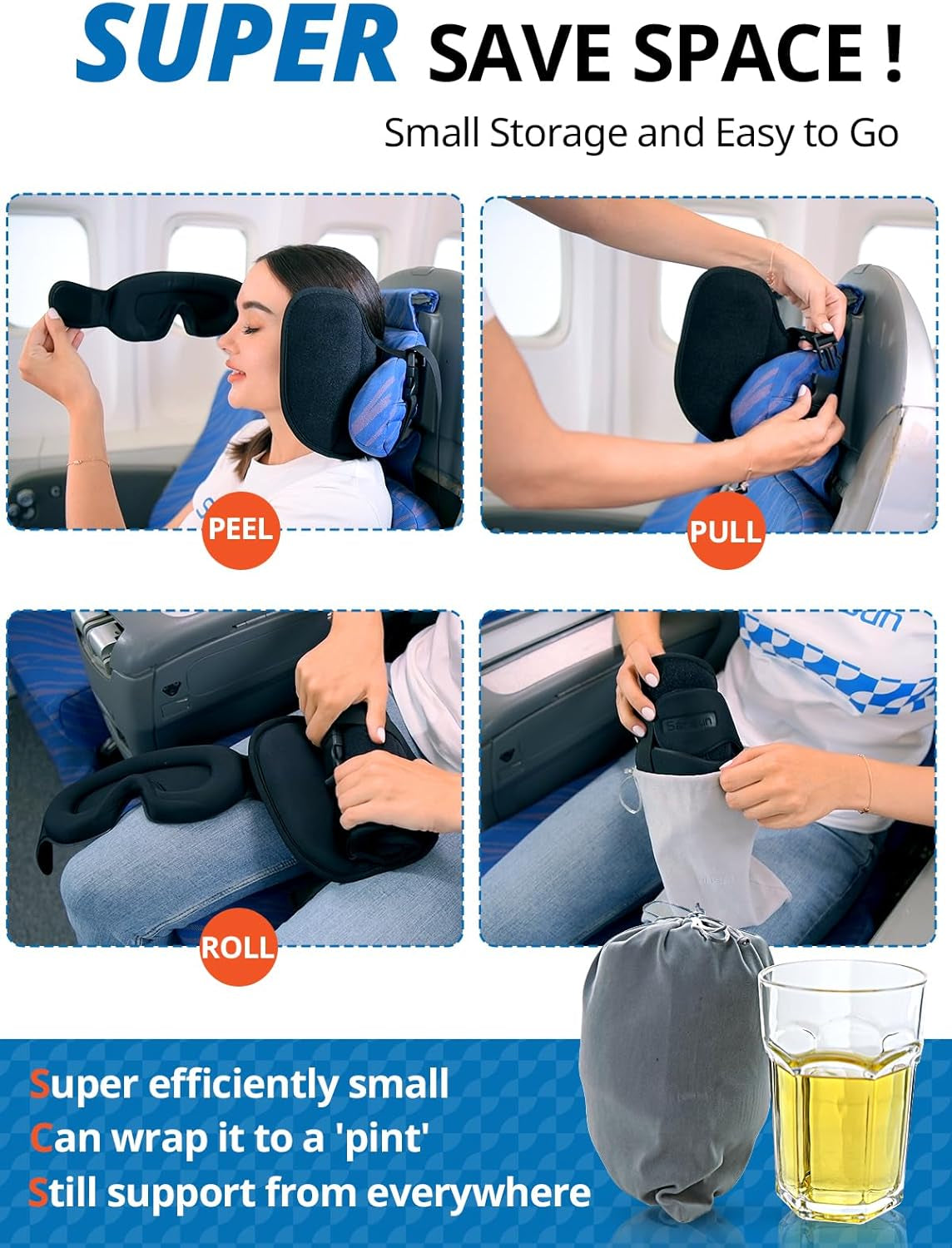 Upgraded Travel Pillow, U-Shaped Airplane Head Strap for All Heights, 360° Support, 3D Sleep Mask, 100% Light Blocking, Long Flights Essentials Headrest, Stop Bobblehead, Black