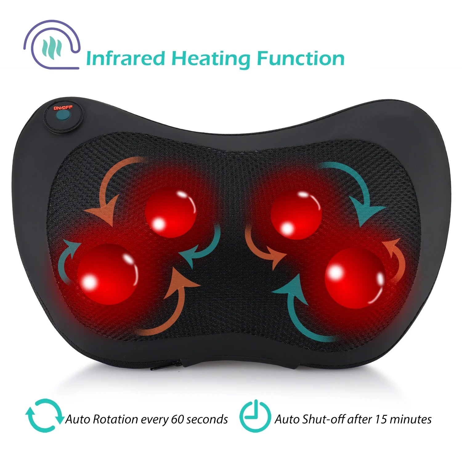 Pillow Massager w/Infrared Heating & Deep-Kneading Nodes for Back, Neck & Shoulders