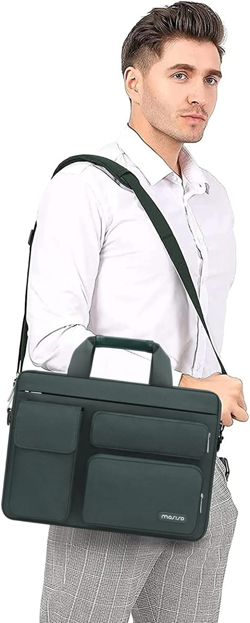 Laptop Shoulder Bag Compatible with Macbook Air 15 M3 M2 2024 2023/Pro 16 Inch M4 M3 M2 M1,15-15.6 Inch Notebook with 2 Raised&1 Flapover&1 Horizontal Pocket&Handle&Belt, Emerald Green