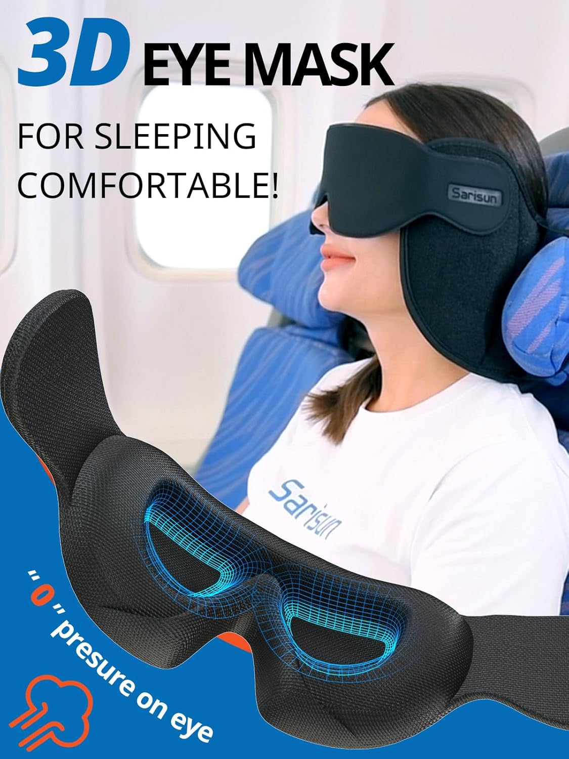 Upgraded Travel Pillow, U-Shaped Airplane Head Strap for All Heights, 360° Support, 3D Sleep Mask, 100% Light Blocking, Long Flights Essentials Headrest, Stop Bobblehead, Black