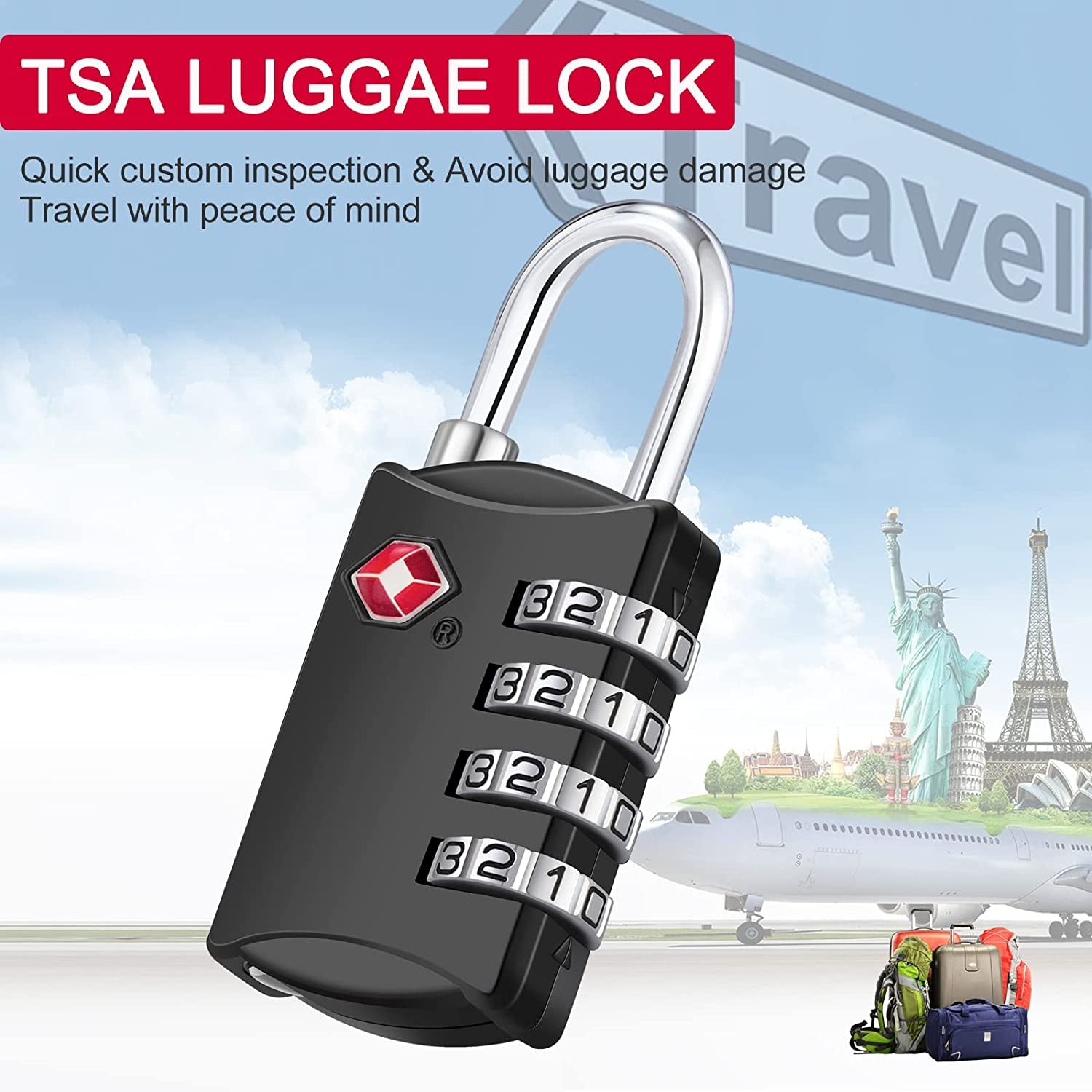 Luggage Lock, TSA Approved Travel Lock, 4 Digit Combination Padlock with Flexible Cable (80Cm) for Suitcases, Backpack, Suitcase