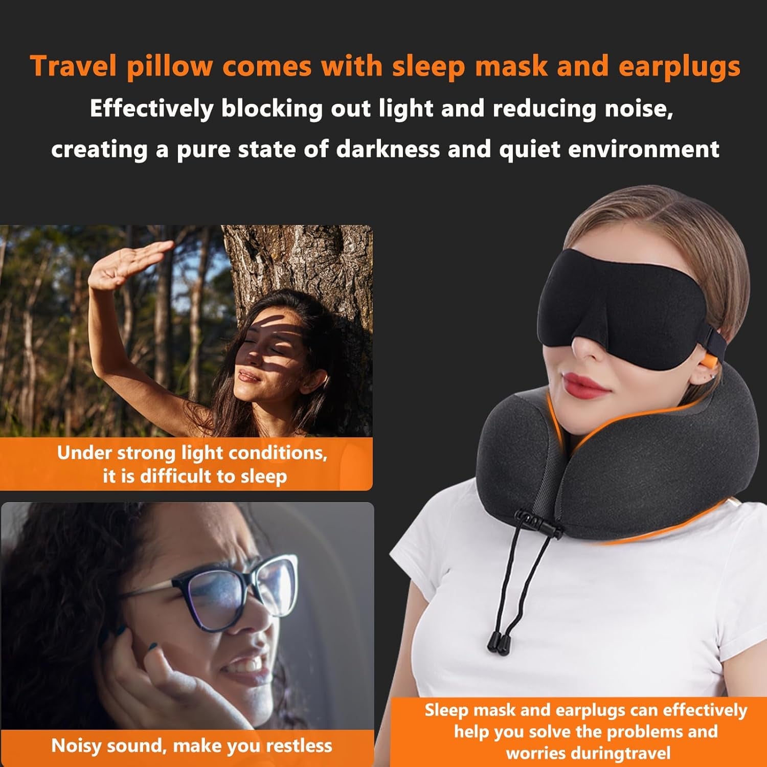 Travel Pillow 100% Pure Memory Foam Neck Pillow, Comfortable & Breathable Cover, Machine Washable, Airplane Travel Kit with 3D Contoured Eye Masks, Earplugs, and Luxury Bag, Standard (Black)