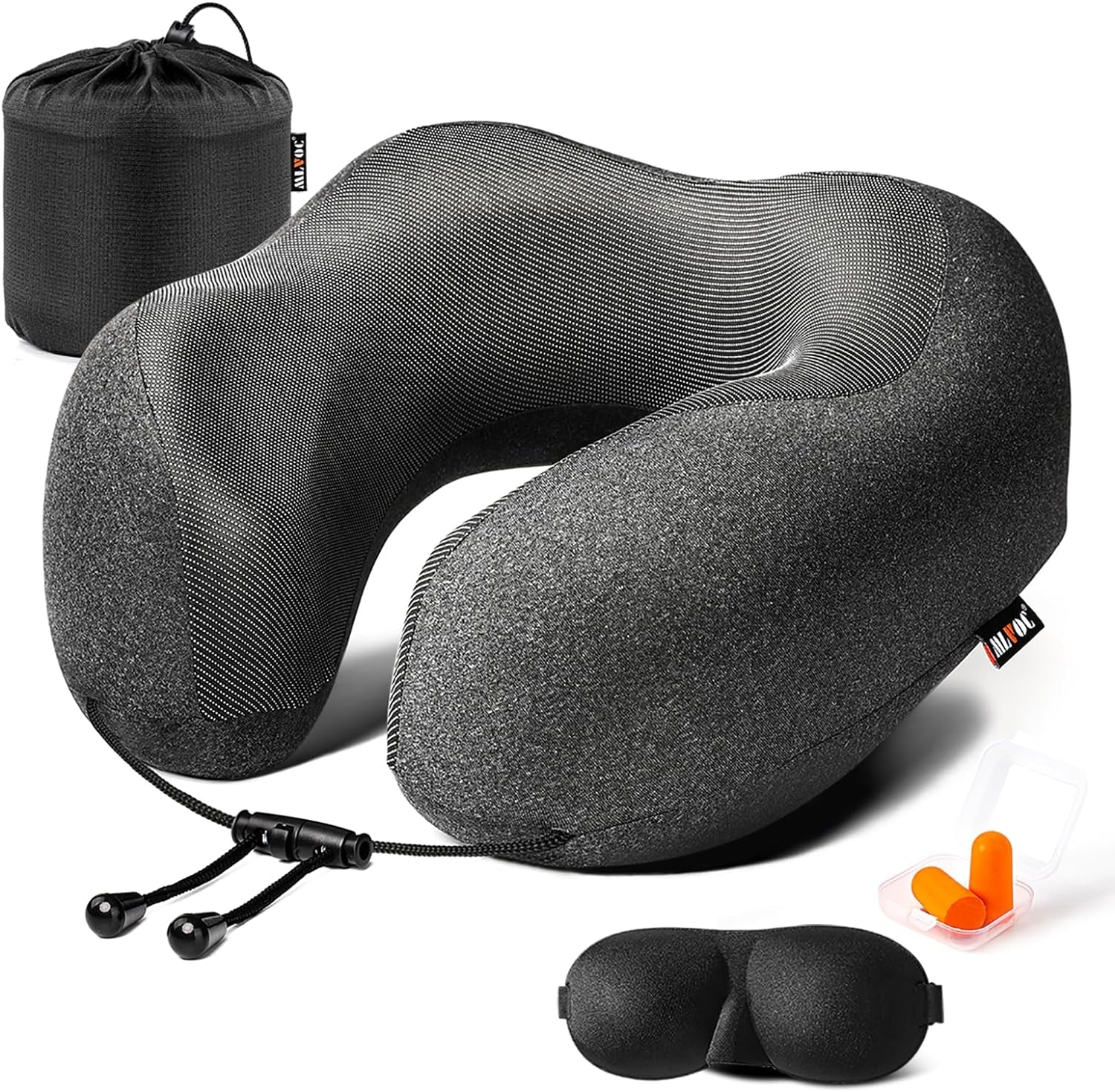 Travel Pillow 100% Pure Memory Foam Neck Pillow, Comfortable & Breathable Cover, Machine Washable, Airplane Travel Kit with 3D Contoured Eye Masks, Earplugs, and Luxury Bag, Standard (Black)