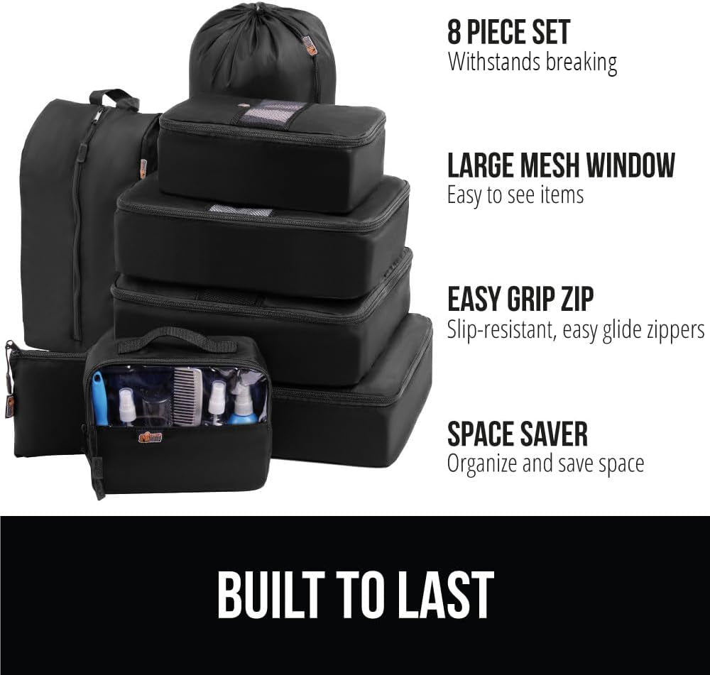 8 Set Packing Cubes, Travel Essentials for Suitcase, Mesh Organizer Bags for Clothes Toiletries Shoes and Laundry, Luggage and Carry on Airplane Accessories, Traveling Must Haves Black