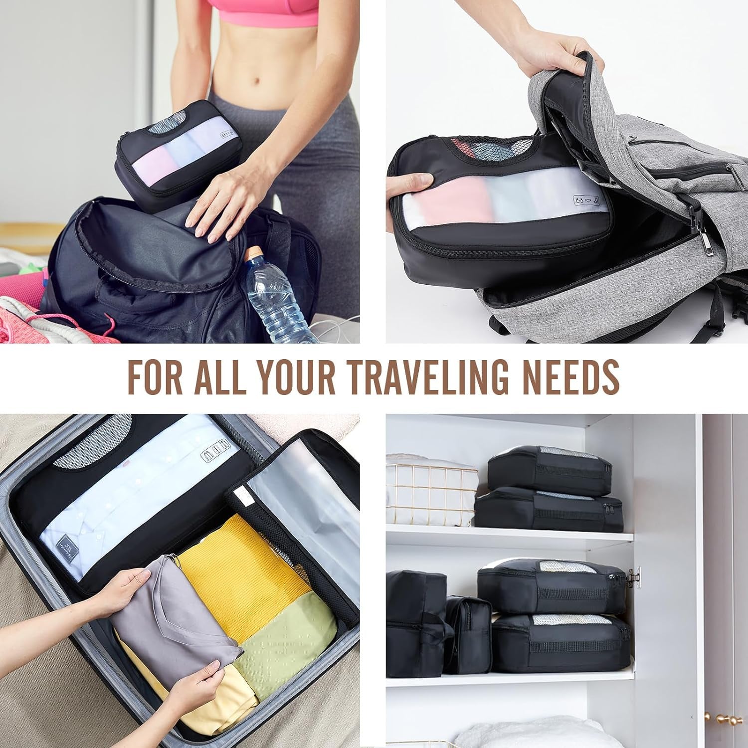 8 Set Packing Cubes for Travel Essentials, Suitcase Organizer Bags Set for Luggage, Road Trip Travel Accessories in 4 Sizes (Extra Large, Large, Medium, Small), Black