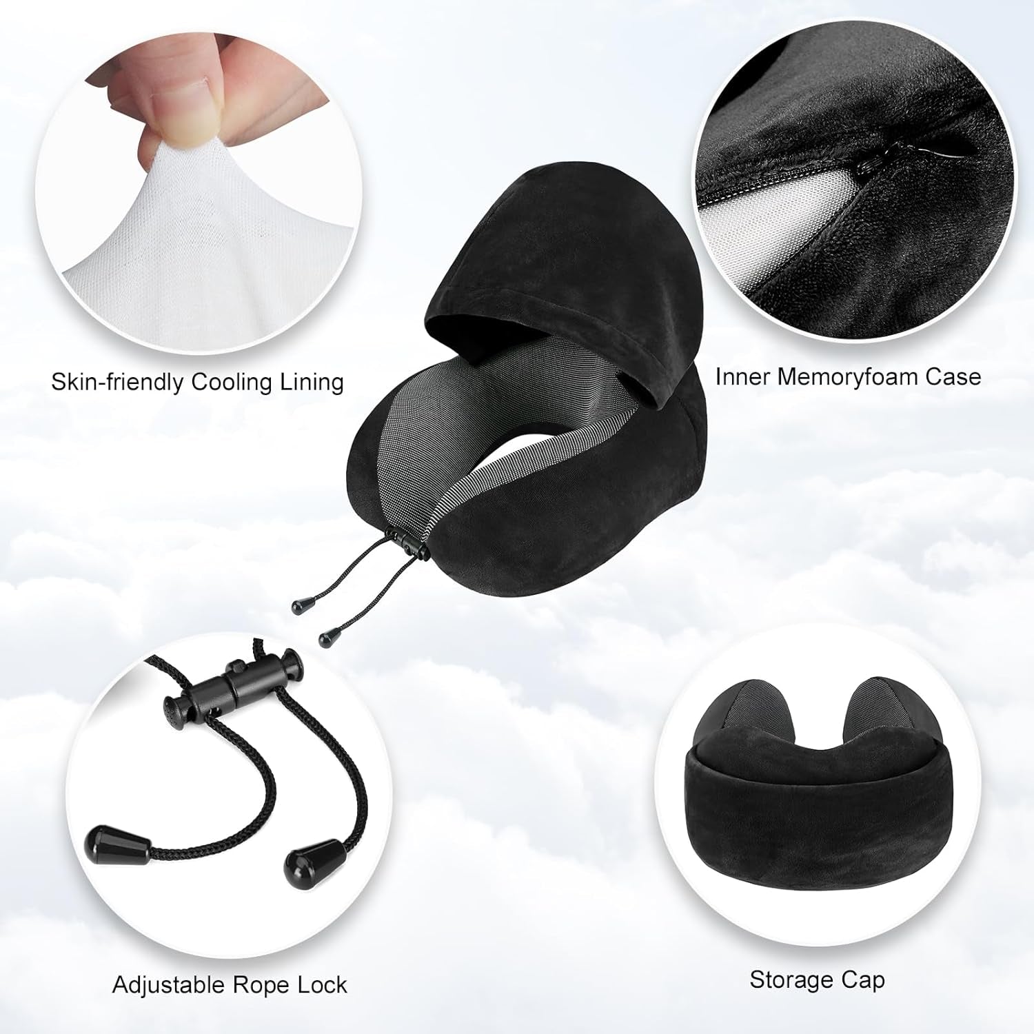 Travel Pillow, Neck Pillow for Travel with Hood for Airplane, Velvet Memory Foam Neck Pillow Adult Head & Neck Support, for Long Flights Plane, Office, Cars Sleeping & Rest (Black)