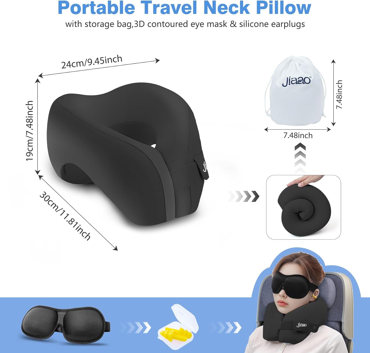 Travel Neck Pillow, Advanced Neck Support for International Flights, 3D Eye Masks, Ear Plugs and Storage Bag, Memory Foam U-Shaped Pillow for Travel, Sleep Rest, Trains, Road Trips