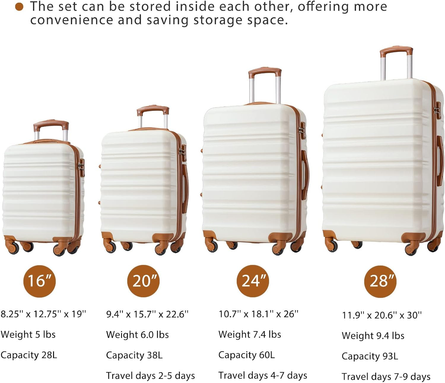 Luggage Set 4 Piece Luggage with ABS Hardshell TSA Lock Spinner Wheels Carry on Suitcase (WHITE-BROWN, 6 Piece Set)