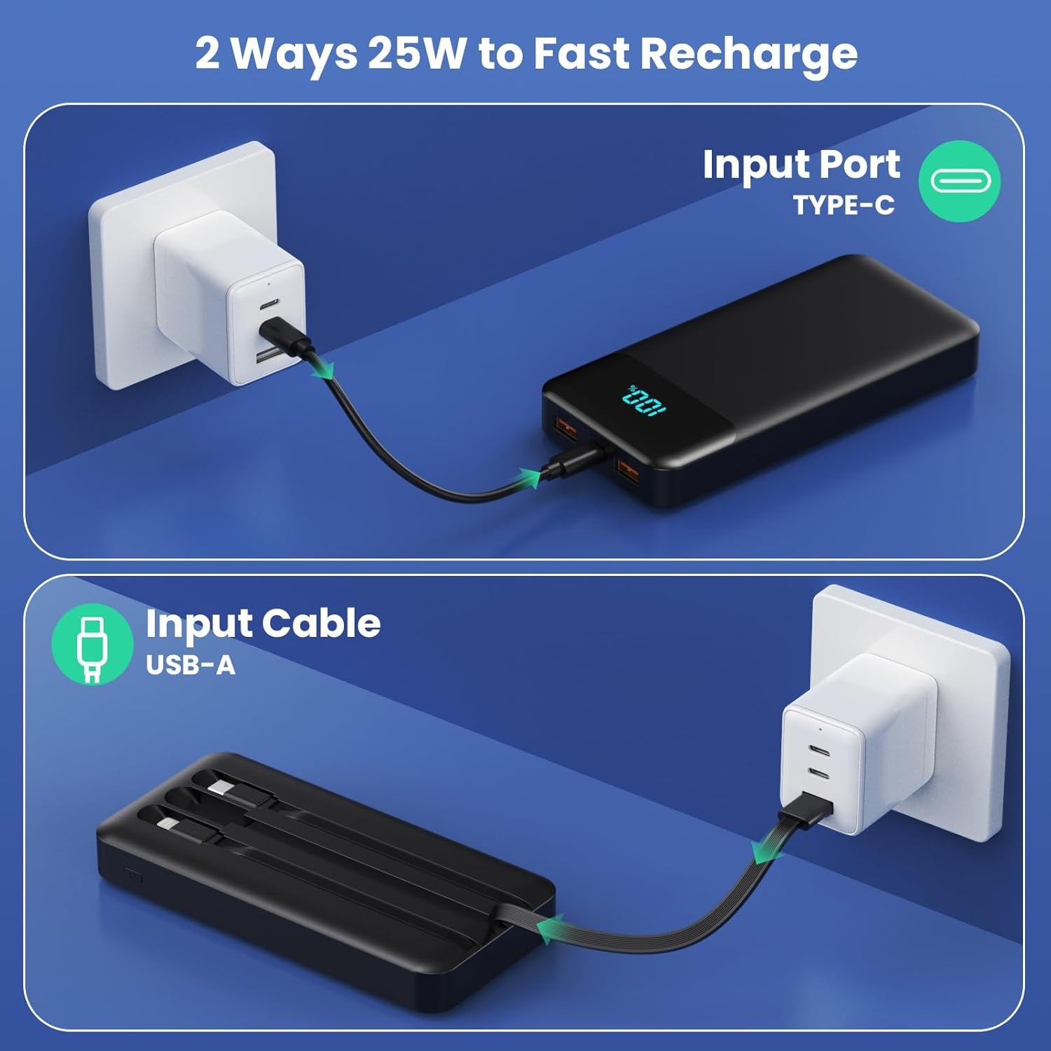 Portable Charger 40800Mah Power Bank with 3 Built-In Cable,25W PD USB C In&Out Power Bank Fast Phone Charging,Qc4.0 LED Display Portable Battery Pack Compatible with Iphone 16/15,Samsung Android-Black