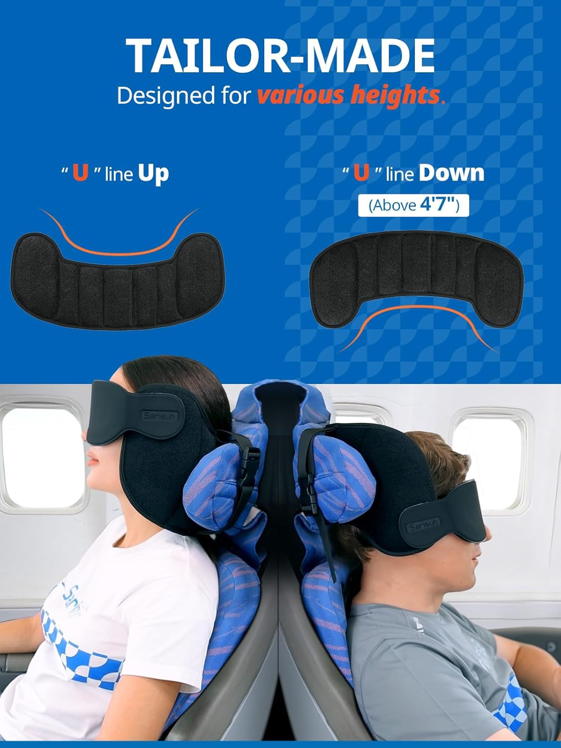 Upgraded Travel Pillow, U-Shaped Airplane Head Strap for All Heights, 360° Support, 3D Sleep Mask, 100% Light Blocking, Long Flights Essentials Headrest, Stop Bobblehead, Black