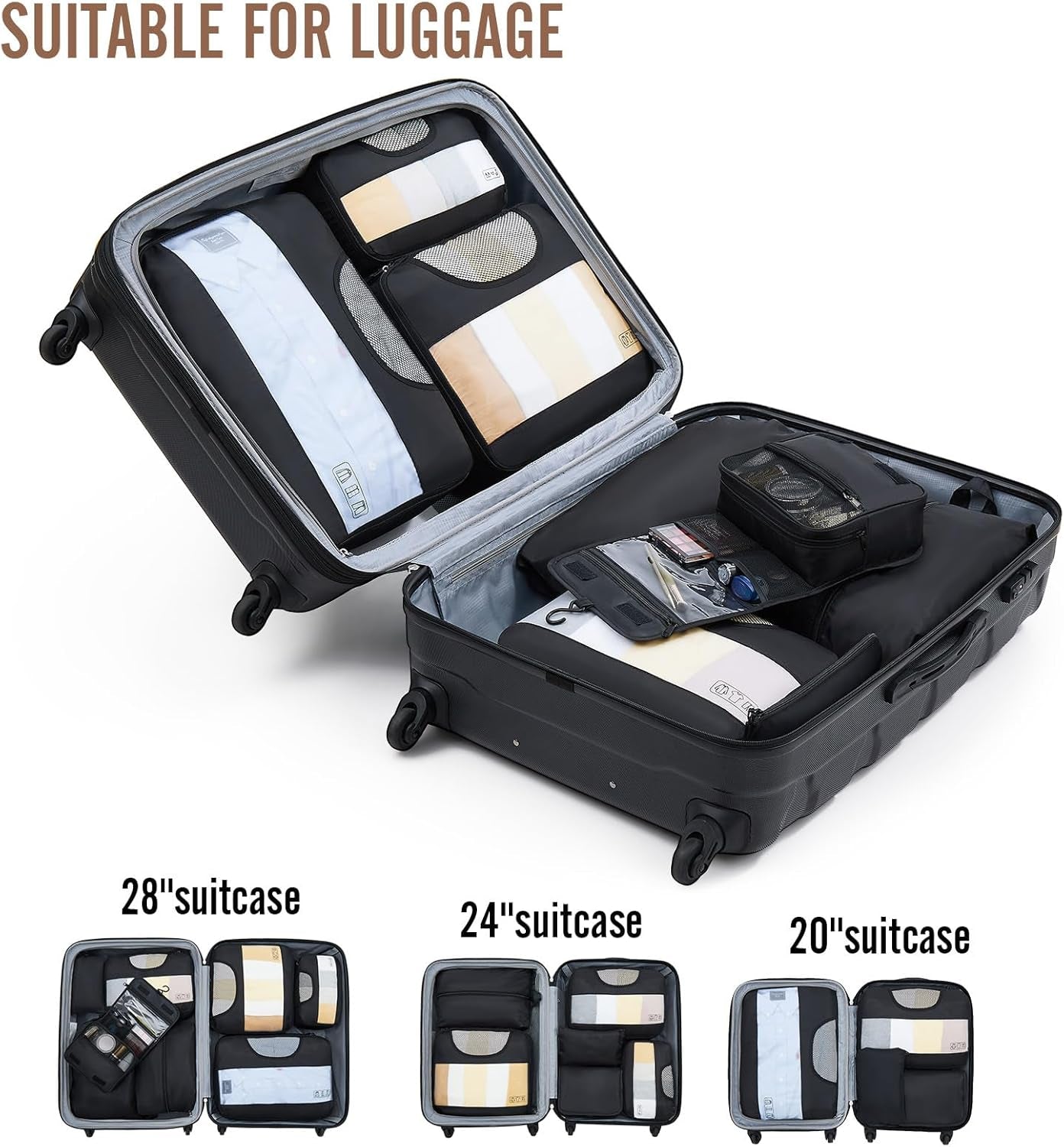 8 Set Packing Cubes for Travel Essentials, Suitcase Organizer Bags Set for Luggage, Road Trip Travel Accessories in 4 Sizes (Extra Large, Large, Medium, Small), Black