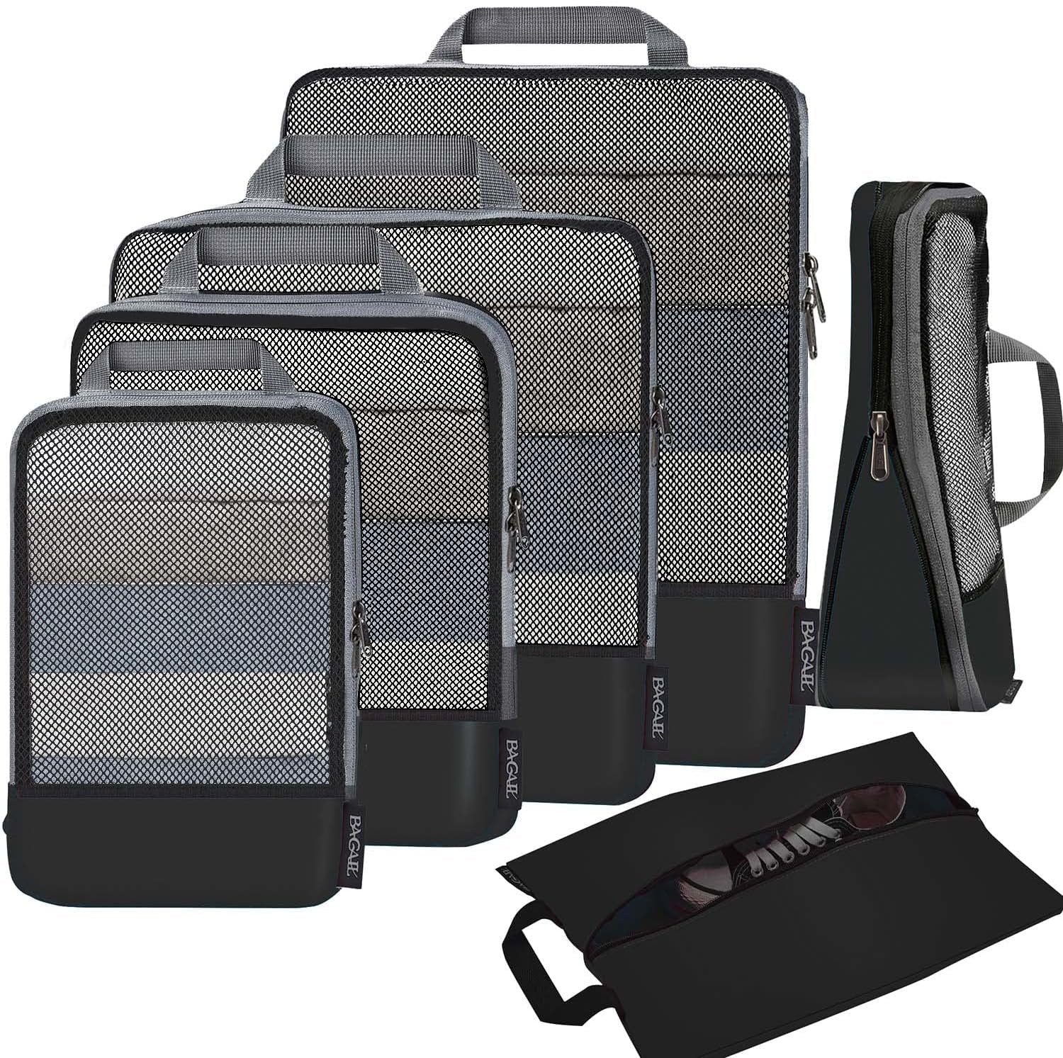 4 Set/6 Set/8 Set Compression Packing Cubes Travel Accessories Expandable Packing Organizers(Black Halfmesh 6 Set)