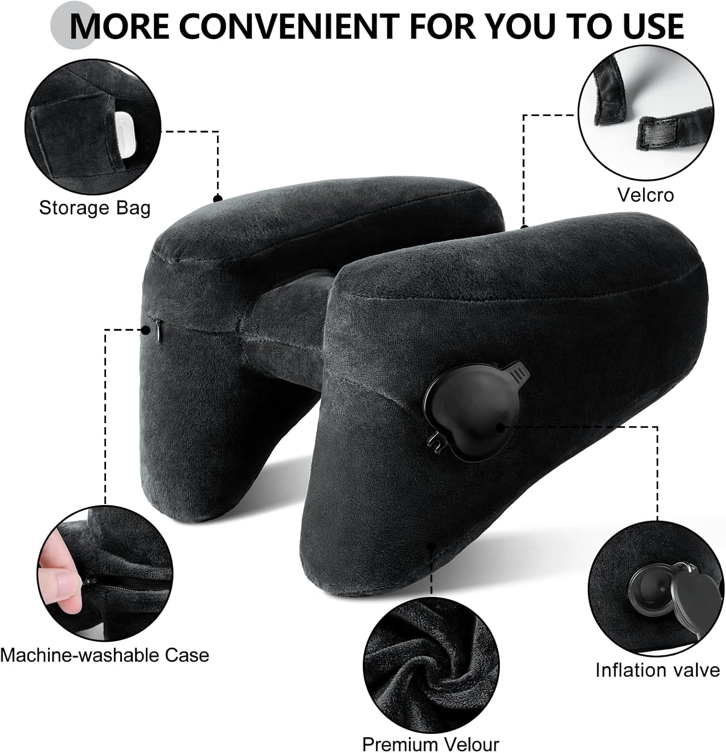 Neck Pillow for Travel Inflatable Airplane Pillow Comfortably Supports Head, Neck and Chin, Inflatable Travel Pillow with Soft Velour Cover and Portable Drawstring Bag (Black)