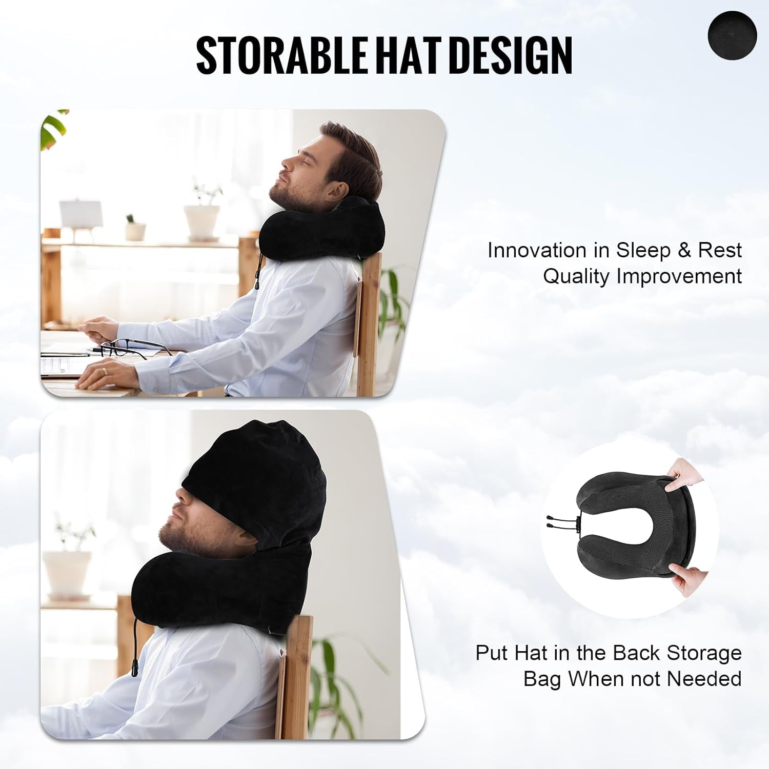 Travel Pillow, Neck Pillow for Travel with Hood for Airplane, Velvet Memory Foam Neck Pillow Adult Head & Neck Support, for Long Flights Plane, Office, Cars Sleeping & Rest (Black)