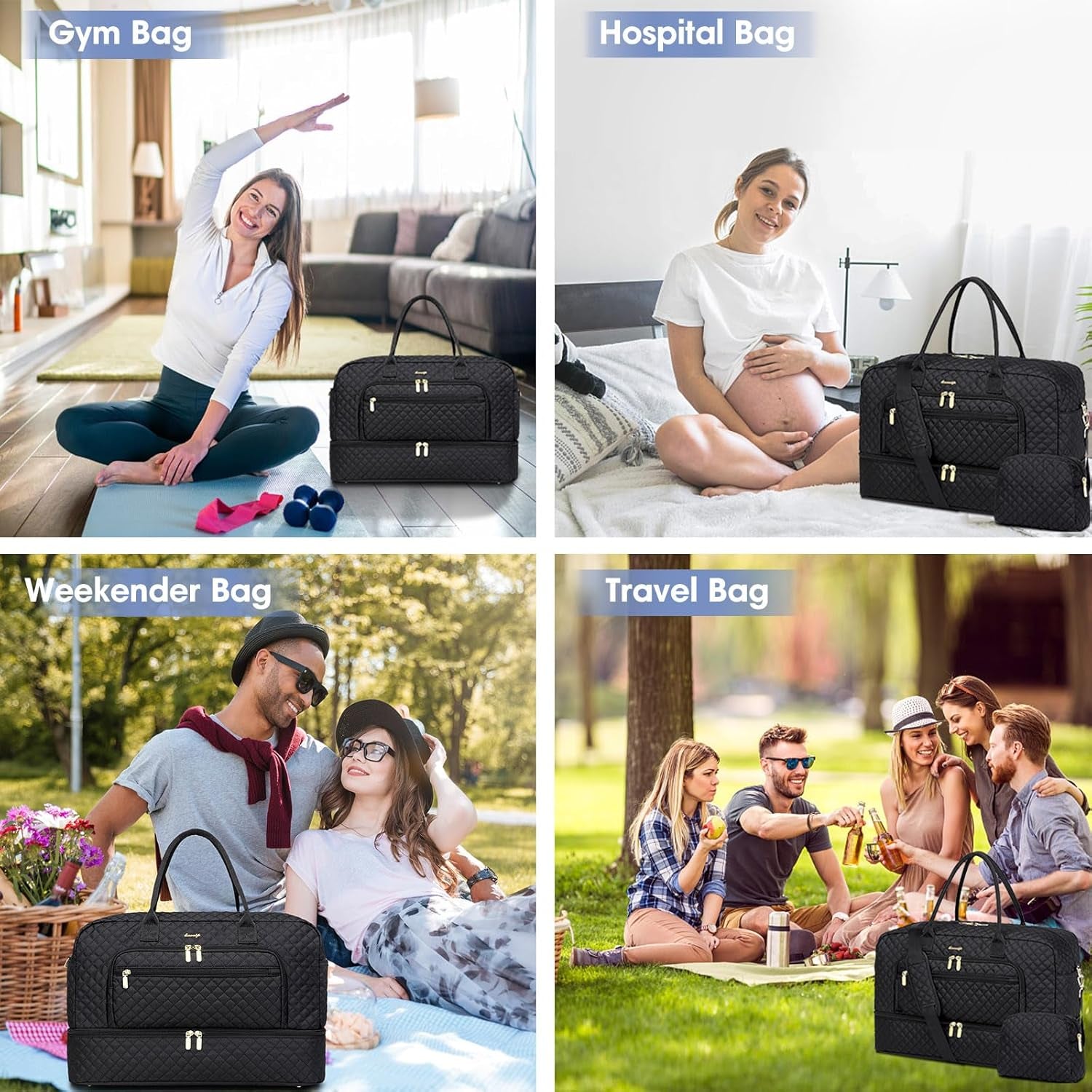 Large Women Travel Duffle Bag - Carry on Overnight Bag Weekend Travel Duffel Tote Bag Yoga Gym Bag with Wet Pocket Toiletry Weekender Overnight Bag for Travel Business Trips Sport Hospital Black