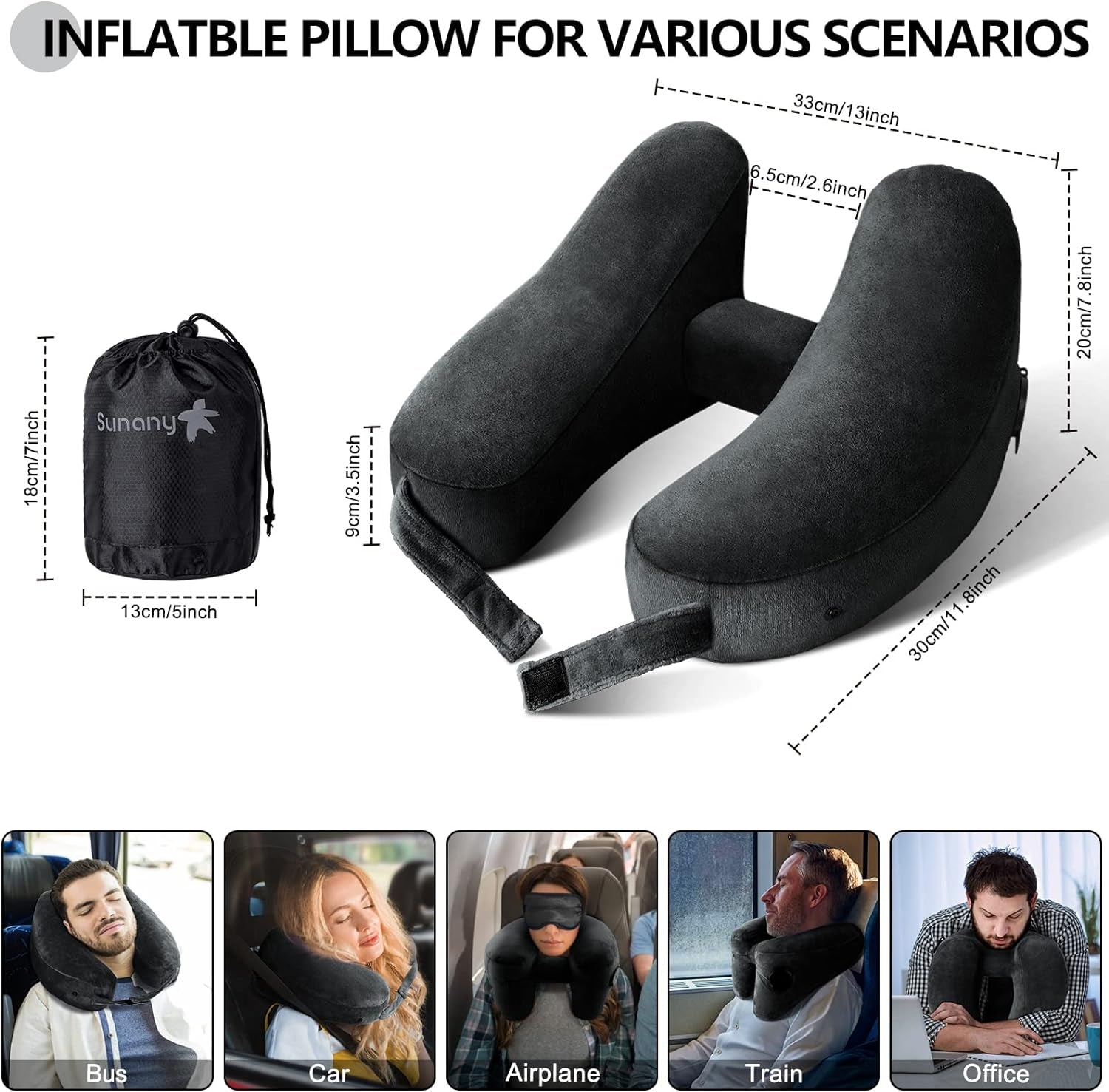 Neck Pillow for Travel Inflatable Airplane Pillow Comfortably Supports Head, Neck and Chin, Inflatable Travel Pillow with Soft Velour Cover and Portable Drawstring Bag (Black)