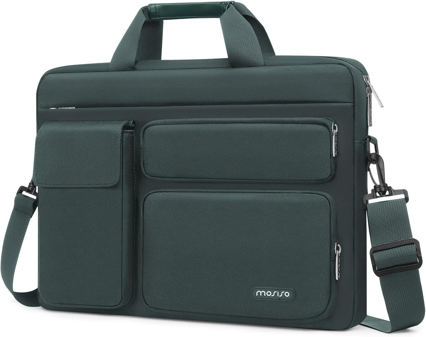 Laptop Shoulder Bag Compatible with Macbook Air 15 M3 M2 2024 2023/Pro 16 Inch M4 M3 M2 M1,15-15.6 Inch Notebook with 2 Raised&1 Flapover&1 Horizontal Pocket&Handle&Belt, Emerald Green